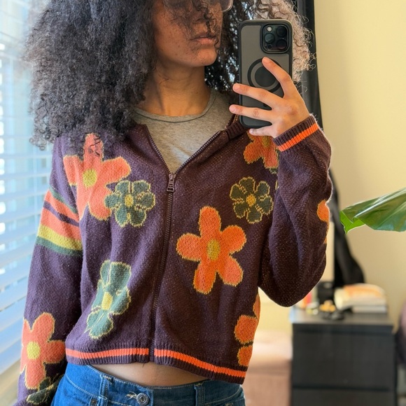 Sweaters - Floral Knit Zip-Up Sweater